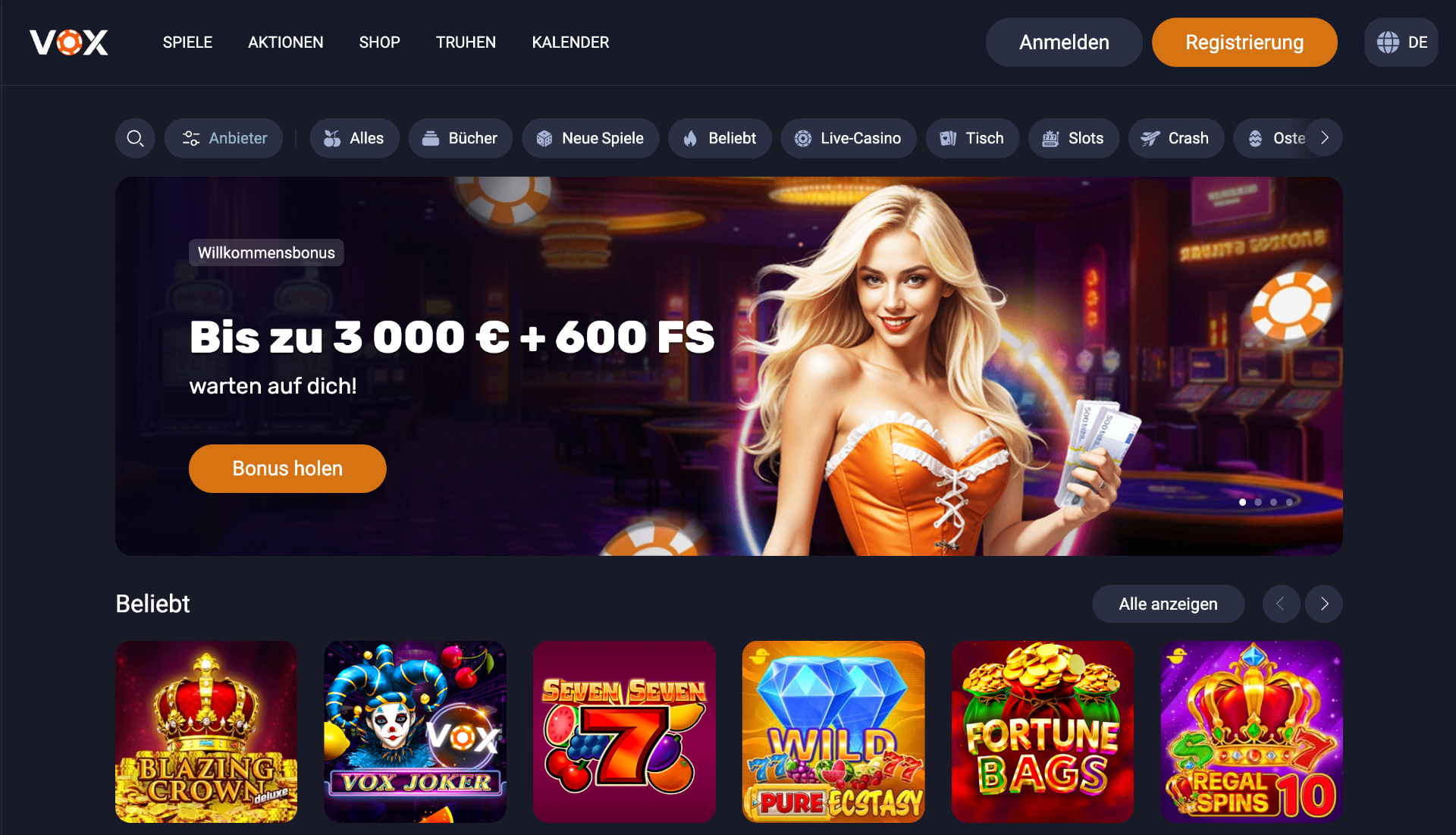 Screenshot der Vox Casino Webseite